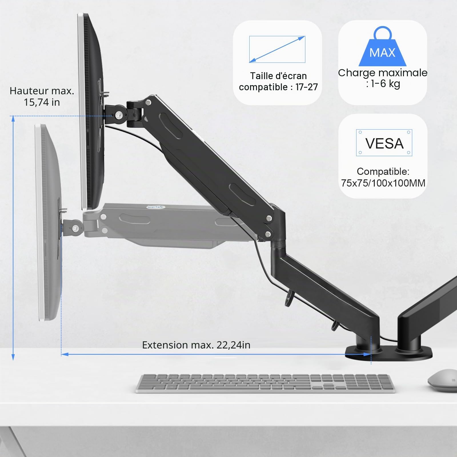 Pholiten Support de Moniteur pour 2 écrans de 17 à 32" - Support de Bureau - VESA 75/100 mm - Hauteur réglable - Inclinable et Rotatif