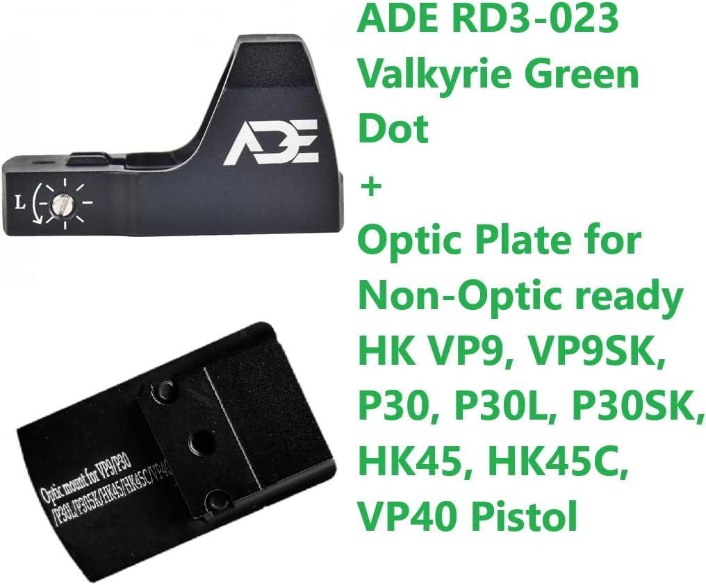 ADE RD3-023 Valkyrie Shake Awake Green Dot + Optic Mounting Plate for HK VP9 | VP9SK | P30 | P30L | P30SK | HK45 | HK45C | VP40 Pistol