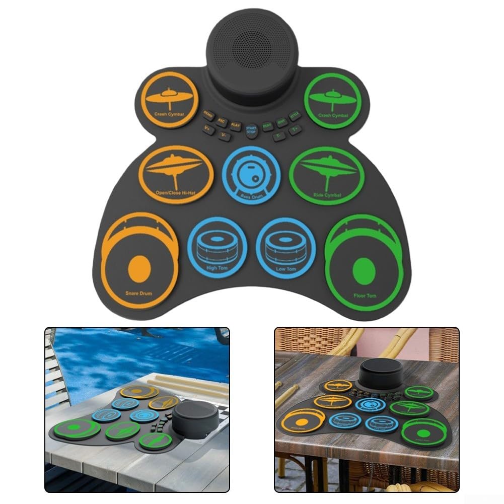 Zoegneer Set di batteria elettronica portatile con 9 cuscinetti arrotolabili, con uscita altoparlanti integrati e jack per cuffie, kit di pratica in silicone, per viaggi, casa, studio, nero