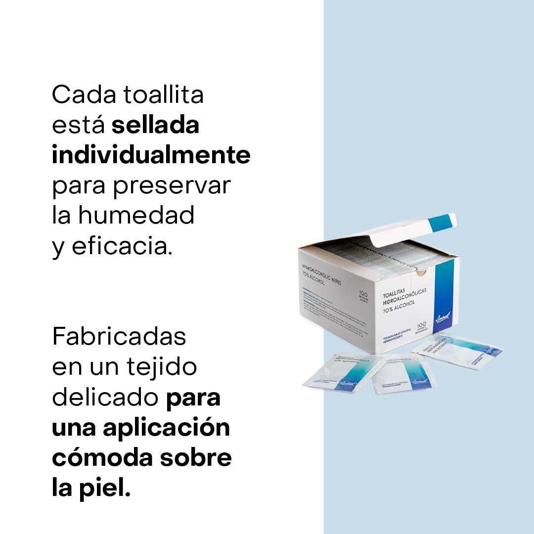 Toallitas Hidroalcohólicas Monodosis para Manos y Piel Sana, Alcohol Denat 70–72% con Glicerina, Higiene sin Aclarado, Formato Bolsillo, 100 Unidades