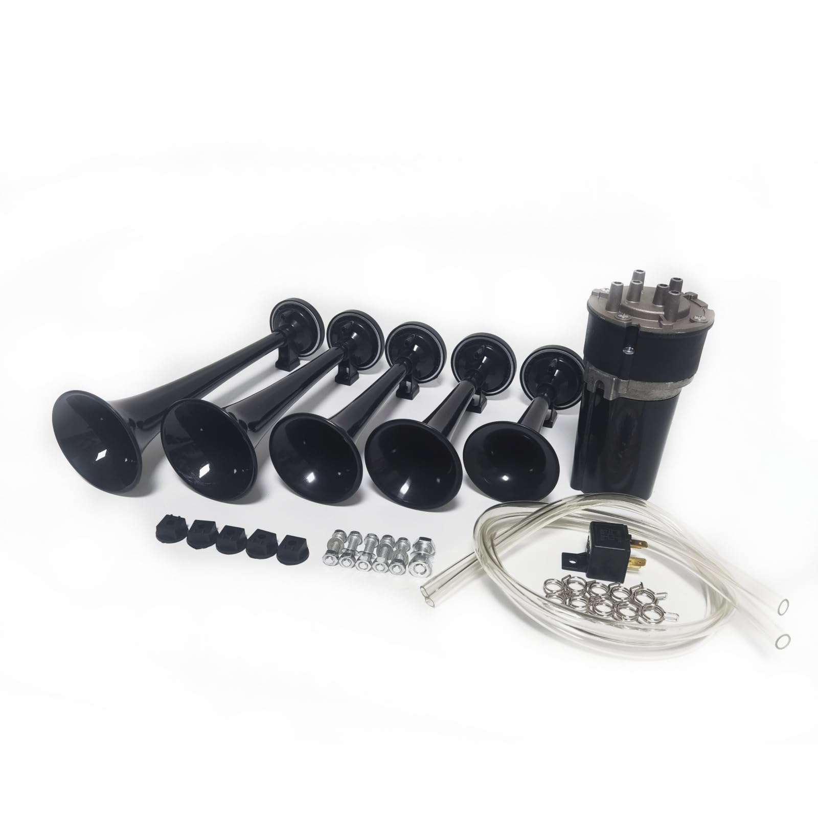 Trompette musicale Dixie Haut - parleur air cornet 165db Car Horn Trompette d'air Klaxon de voiture noir à cinq tubes Corne multifréquence étanche avec pompe à air pour 12V voiture camion ect