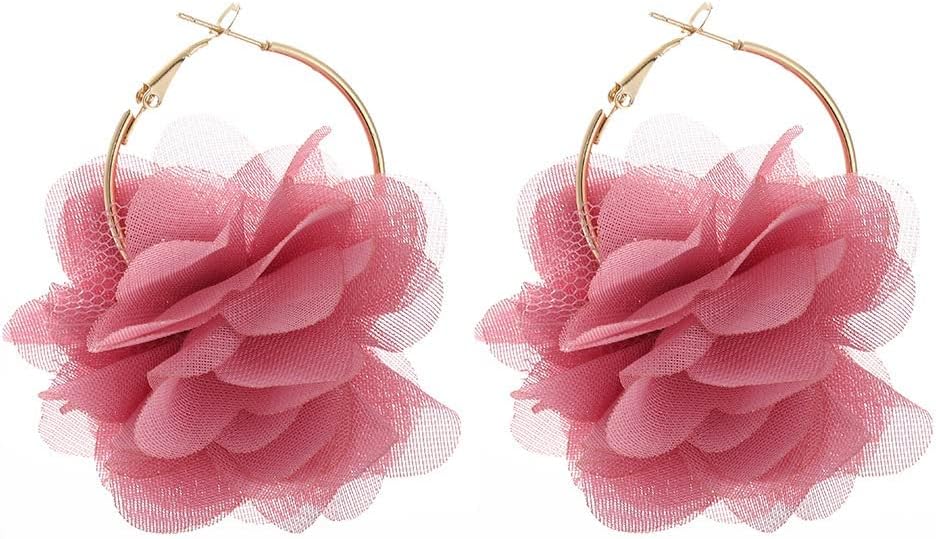Bohemian Lightweight Big Fabric Flowers Dangle Earrings Handmade Charm Chic Petal Hoop Earrings Chiffon Floral Tassel Drop Earrings for Women Vacation Wedding Jewelry - Image 7