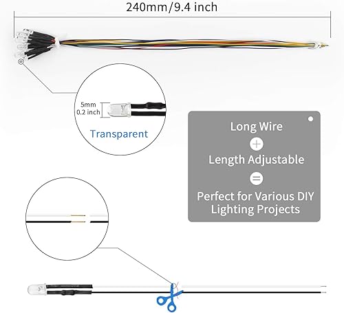 Miniatura 3 de DiCUNO 100 unidades (10 colores × 10 piezas) de 0.197 in precableados 12V diodos LED, 9.4 pulgadas9.4 in diodos emisores de luz ultra brillantes