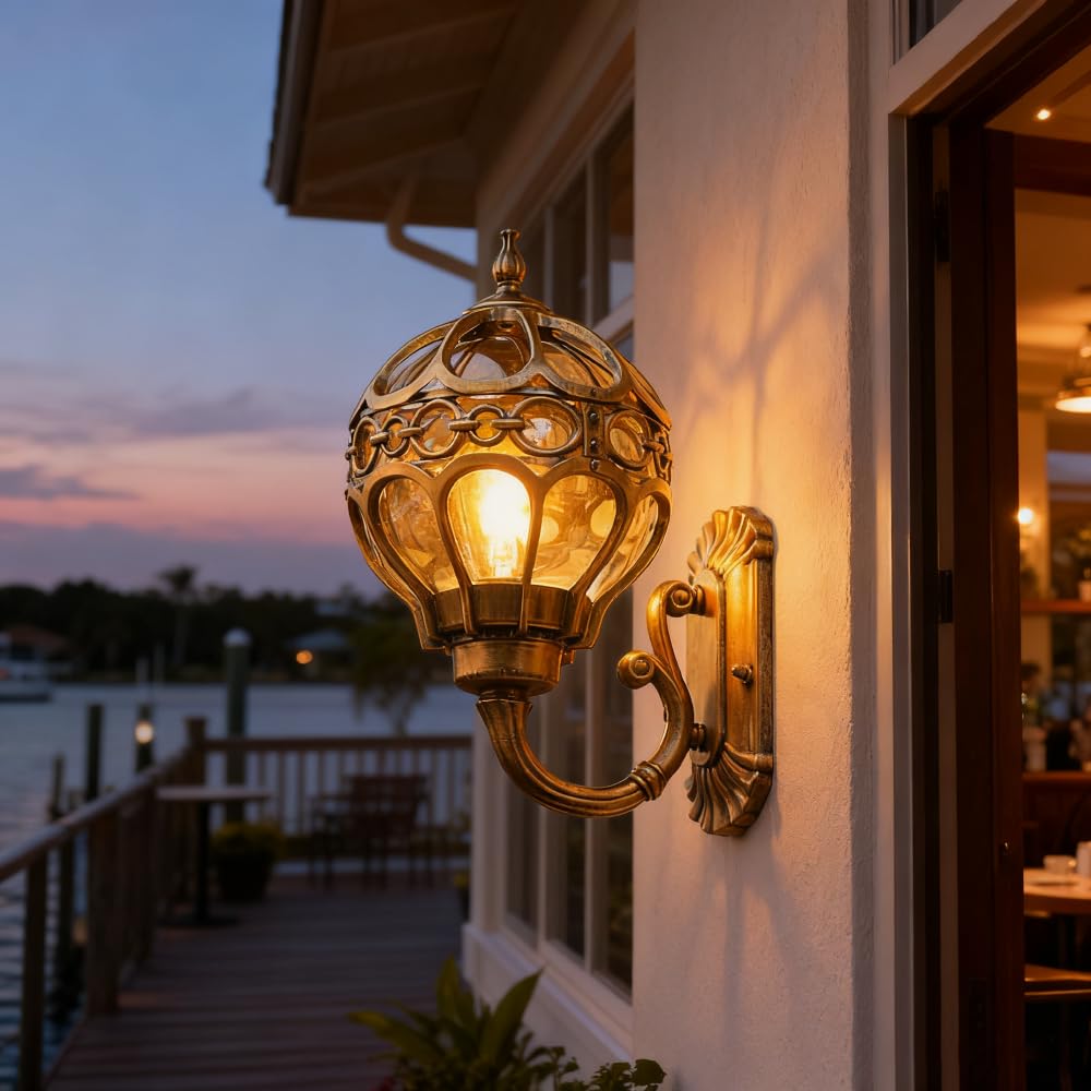 XINYASEE Vintage Globe Outdoor Wall Sconce, Gold Metal Exterior Wall Sconce with Glass Globe, Waterproof Vintage Lantern for Porches, Patios, Gardens, and Entryways (Glod-Small)