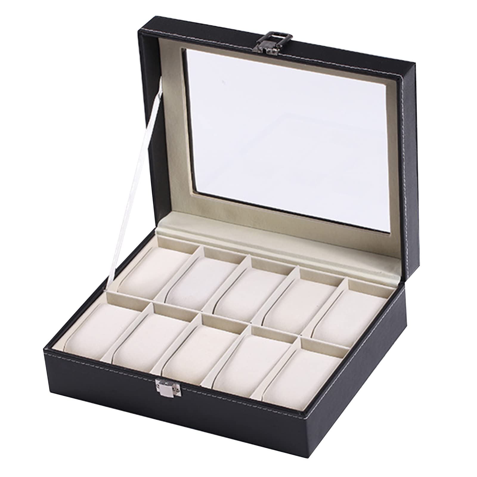 Watch Storage Box 10 Slot Display Case Real Glass Organizer with Framed Glass Lid Elegant Contrast and Removable Pillow Pu Leather for Men and Women pekdi
