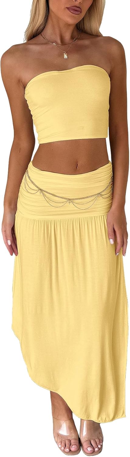 Two Piece Skirt Set for Women - 2 PC Summer Beach Vacation Outfits Going Out Strapless Tube Crop Tops Boho Maxi Skirts Sets - Image 3