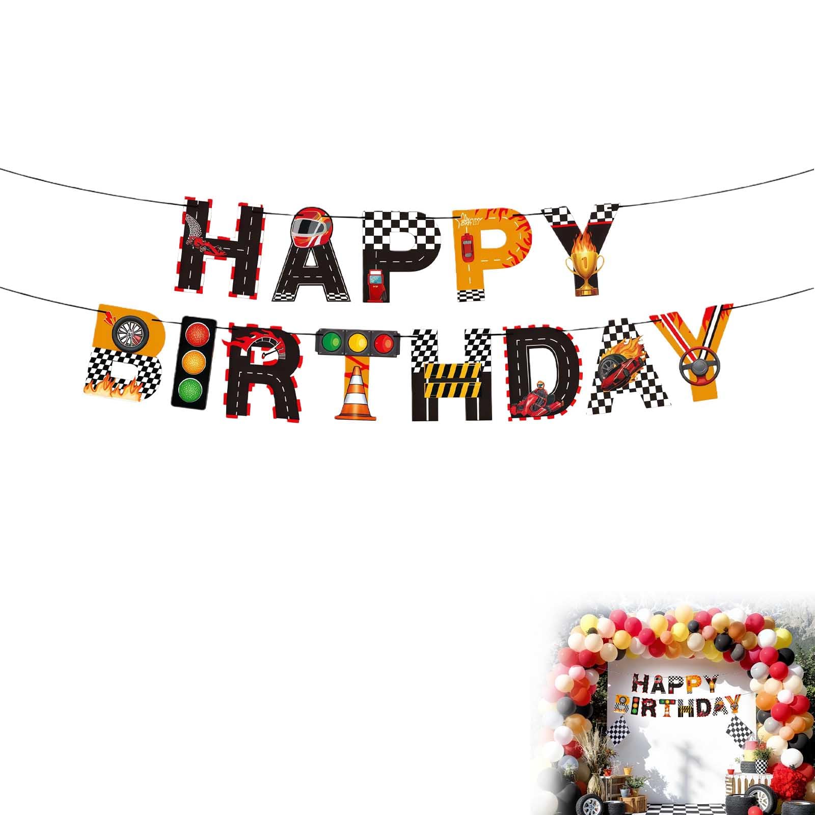 "Lightning McQueen Birthday Decorations – Racecar Theme 'Happy Birthday' Banner with Cars, Track, and Traffic Light Designs, Perfect for Racecar Parties, Baby Showers & More"