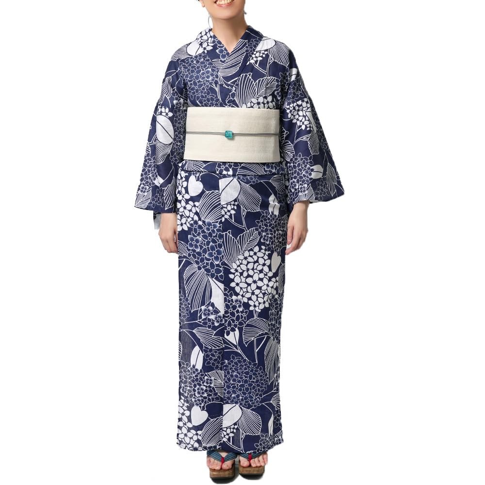Amazon | [dear-japan] 浴衣 綿麻 紫陽花 花 アジサイ 紺 白