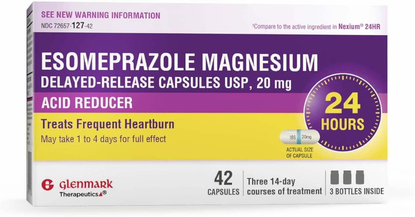 Glenmark Therapeutics Esomeprazole Magnesium USP 20mg, Delayed Release Capsules, Treats Frequent Heartburn, 42 Capsules