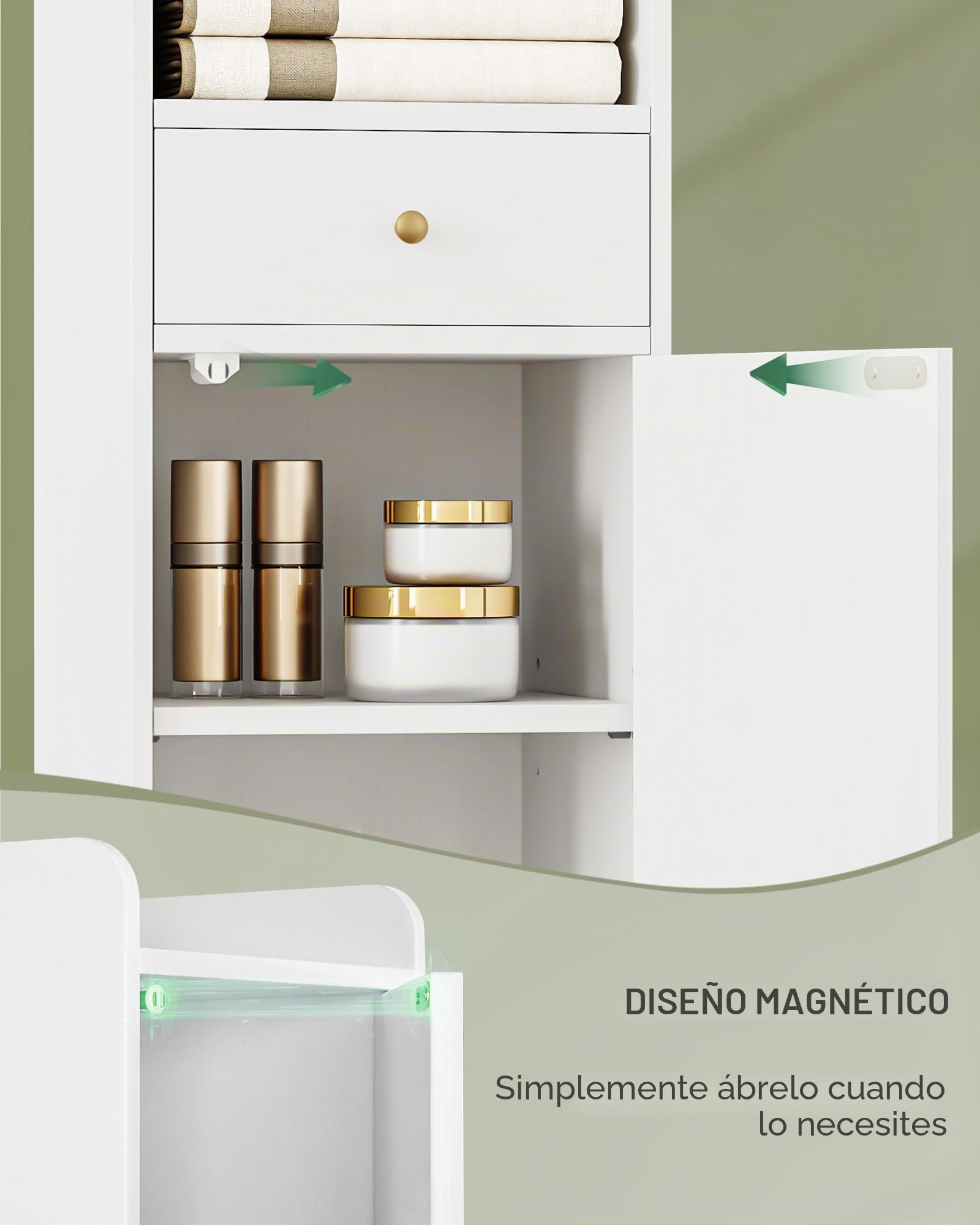 Hzuaneri Armario para Baño Alto, Armario Estrecho para Papel Higiénico con 2 Puertas y Cajón, Organizador de Baño con Estante Ajustable para Dormitorio, Salón, Estudio, Blanco BC29013G | Baño alto con 2 puertas y cajón, compartimento abierto, armario de b