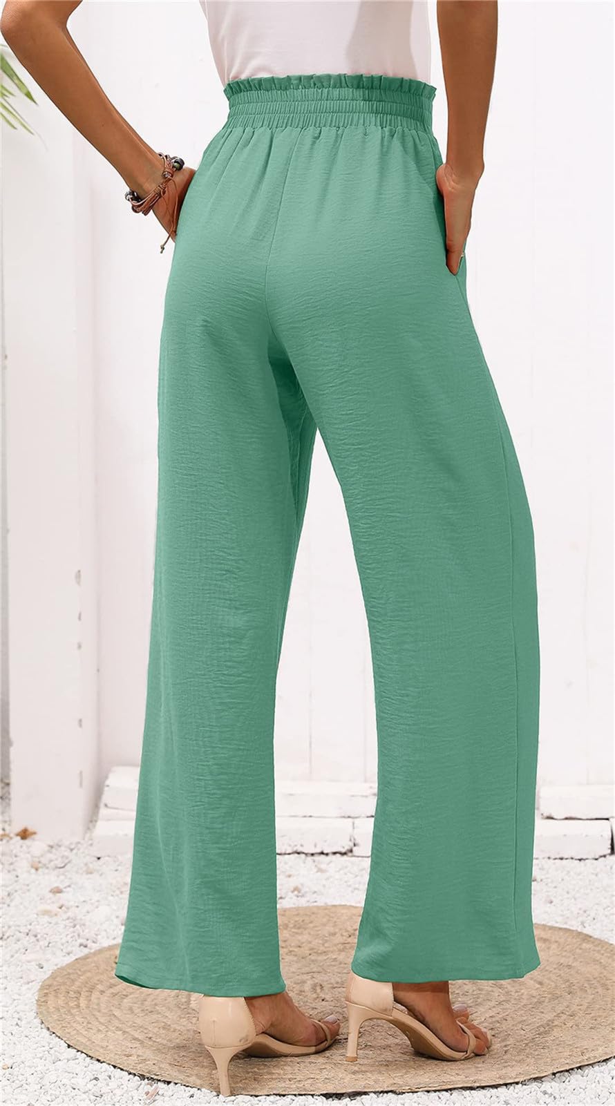 Femme Pantalon Jambe Large Haute Taille Elastique Été Jogging Confortable Pantalons Fluide Décontracté Pants de Plage avec Poches