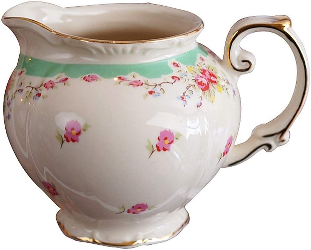 Saucer Ceramic Creamer Coffee Pitcher Serving Pitcher Sauce Pitcher Milk Creamer Jug for Home French Style Rose Flower Pattern Embellishment Dish, 20010125