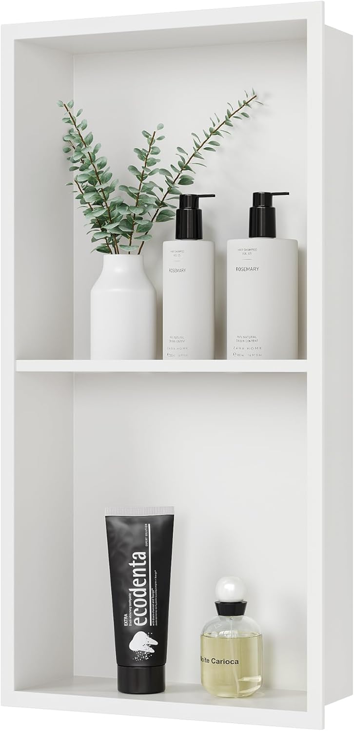 Stainless Steel Shower Niche 24" X 12", No Tile Needed Wall Niche Double Shelves, Recessed Shower Shlef for Bathroom Storage, Matte White Matte White 12X24"