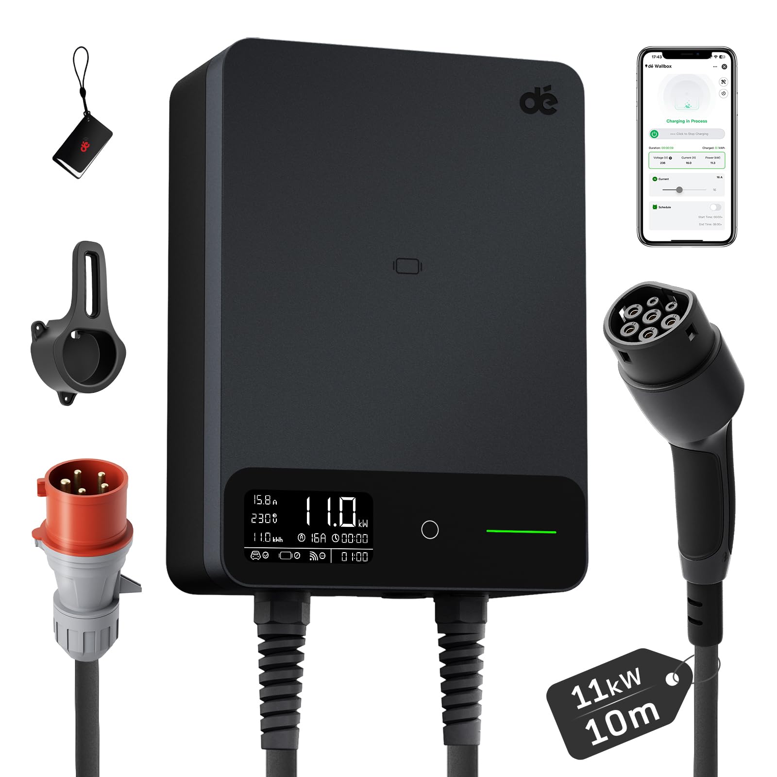 dé Wallbox 11kW mit APP, 10m Typ 2, §14a EnWG, EV Ladestation, Schwarz | mit Kabelhalter, 3-Phasen (6-16A, 400V), für BEV/PHEV, RCD Type A 30mA AC + 6mA DC & IP54-Schutz