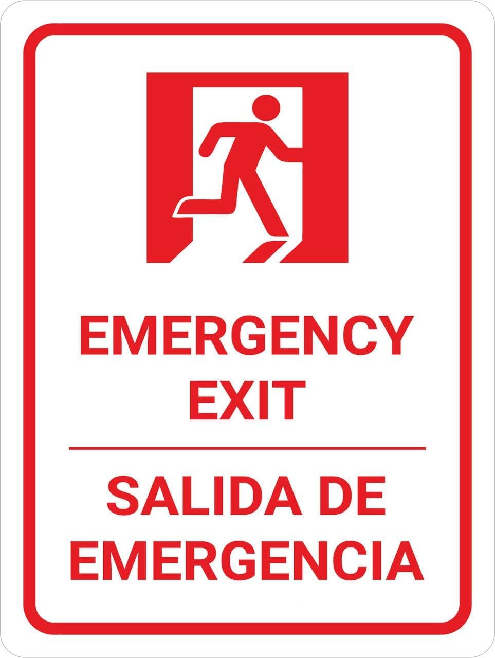 Emergency Exit Portrait Bilingual Spanish with Icon Rust Free Aluminum Sign - Bilingual Decor with Pre-Drilled Holes for Home Man Cave, Yard - 12x8 Inch​