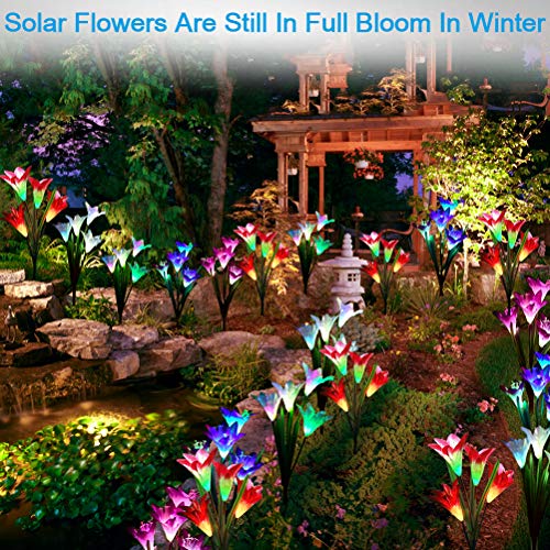 Solar Garden Stake Lights Outdoor,2 Pack Solar Powered Lights with 8 Lily Flower, Multi-Color Changing LED Solar Landscape Lighting Light For Decorating The Path, Yard, Lawn,Patio (White and Purple)