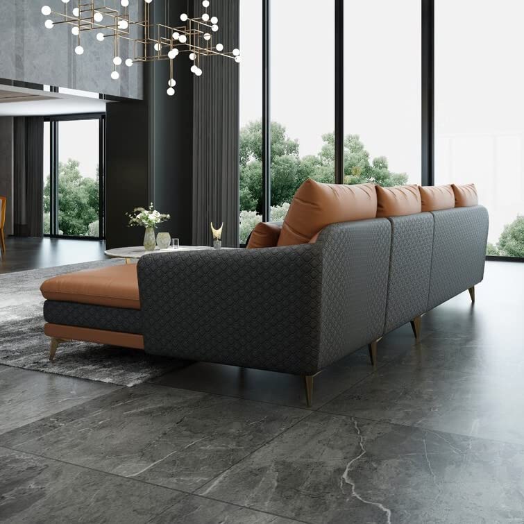Image of Sofa Set T&T Co. Unique Verstile Design 3 Seater Sofa and 1 Chaise Luxury Imperia Collection Cushion Back with Upholstered Soft Touch Premium Leatherette for Living Room Loung (Brown & Grey)