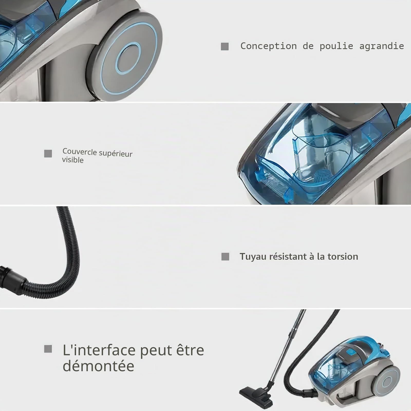 Aspirateur sans Sac,2800W Aspirateur Compact Silencieux,avec Système De Filtration Hepa,Aspiration de 15000 PA,Rayon d'action de 5 m,Poils d'animaux Et Poussière