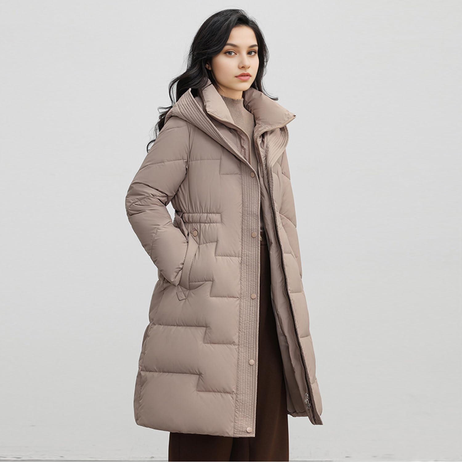 Verdickte lange Daunenjacke für Damen, mit Kapuze, Winter-Puffer, Oberbekleidung, Parka, Mantel, Stehkragen, knielang, Schneeanzug mit Gürtel