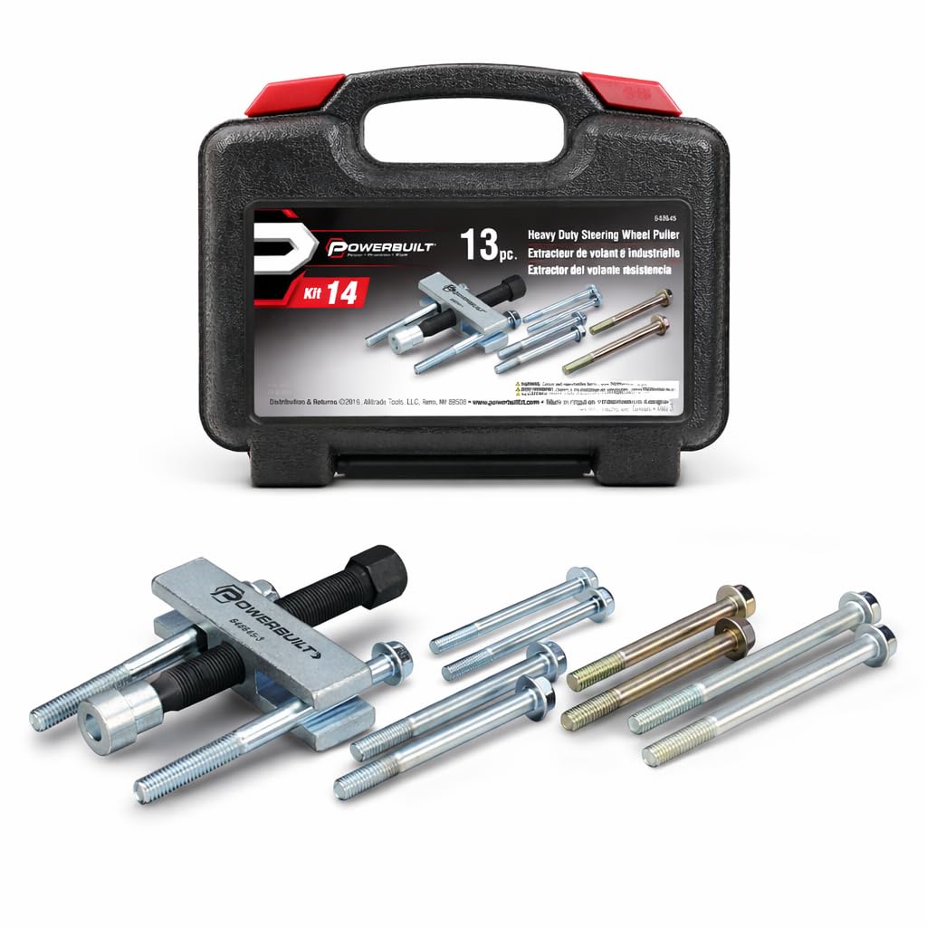 Powerbuilt Heavy Duty Steering Wheel Puller Tool Set, Removes steering wheels with tapped holes, For most domestic and imported vehicles, 14 Pc. with