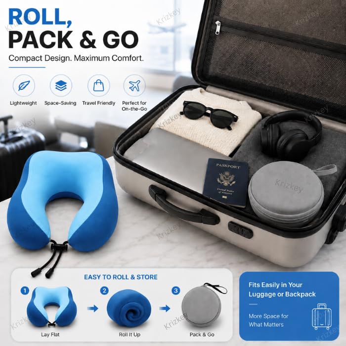 Image of Memory Foam Travel Neck Pillow with Portable Storage Case | Soft U-Shaped Neck Support Cushion for Airplane, Car, Train & Office | Lightweight Ergonomic Travel Pillow (Blue)