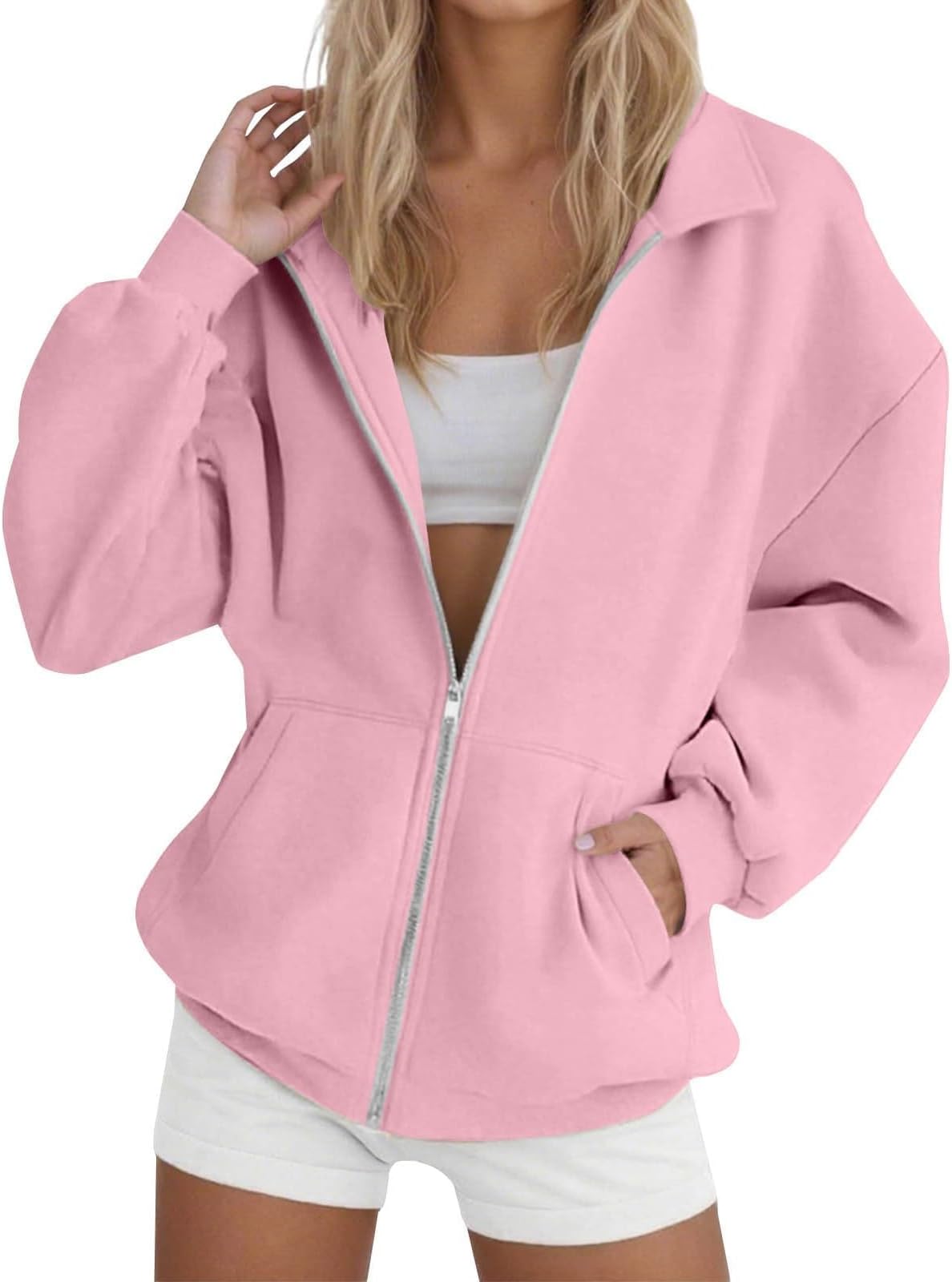 Zip Up Sweatshirt Women No Hood Oversized Casual Long Sleeve Full Zip Jacket with Pockets Fall 2025 Fashion Outerwear