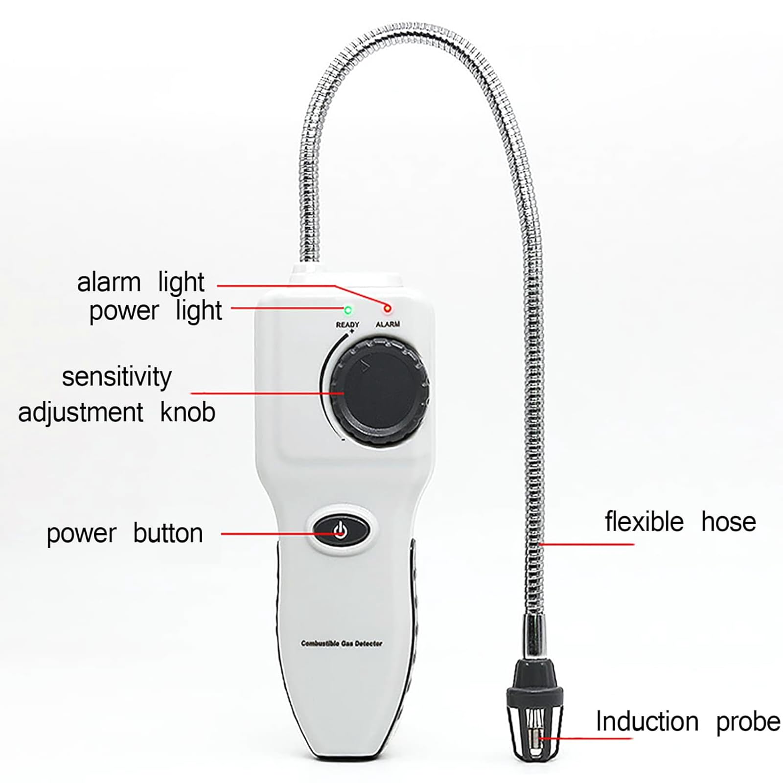 Detector De Fugas De Gas Portátil, Rastreador De Gas De Mano con Sonda Flexible De Cuello De Cisne De 35 Cm, Alarma Sonora Y Zumbador, Sensibilidad De 50 Ppm De Metano Y Respuesta Rápida