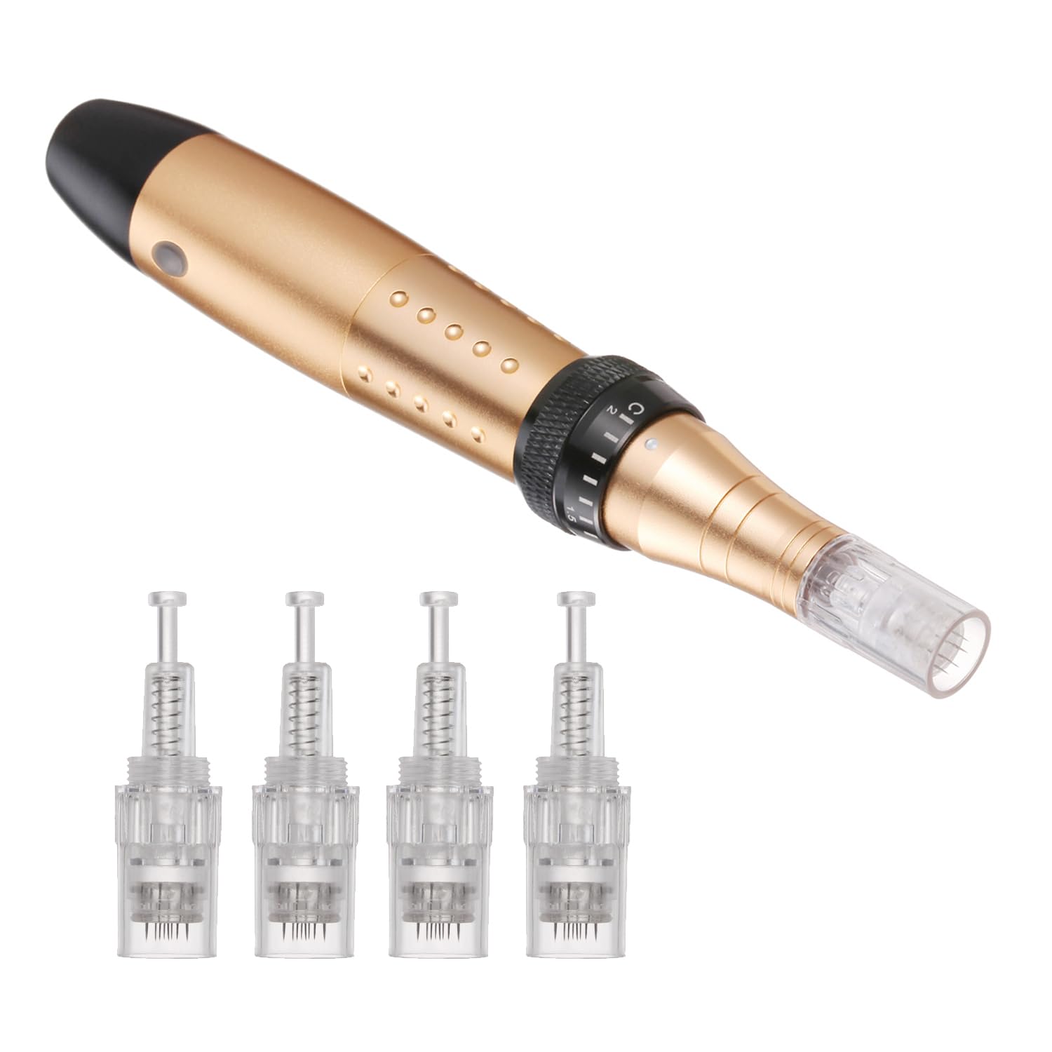 Derma Pen 5 Geschwindigkeitsstufen Mikronadelgerät einstellbare Länge Elektrisch Microneedling Pen Schönheit Pen mit 4 Patronen Mikronadel Stift (golden)