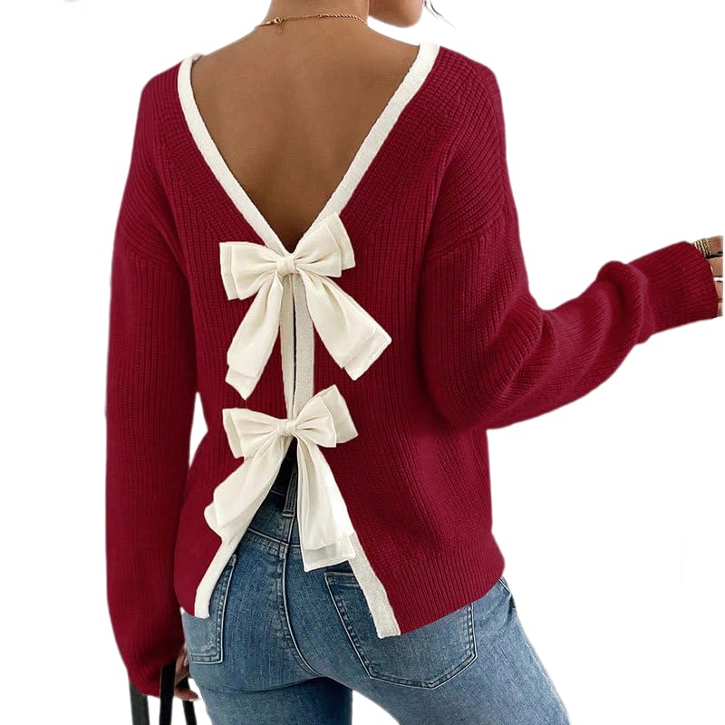 Womens Bow Fall Sweaters 2025 Cable Knit Chunky Oversized Long Sleeve Backless Crewneck Pullover Tops