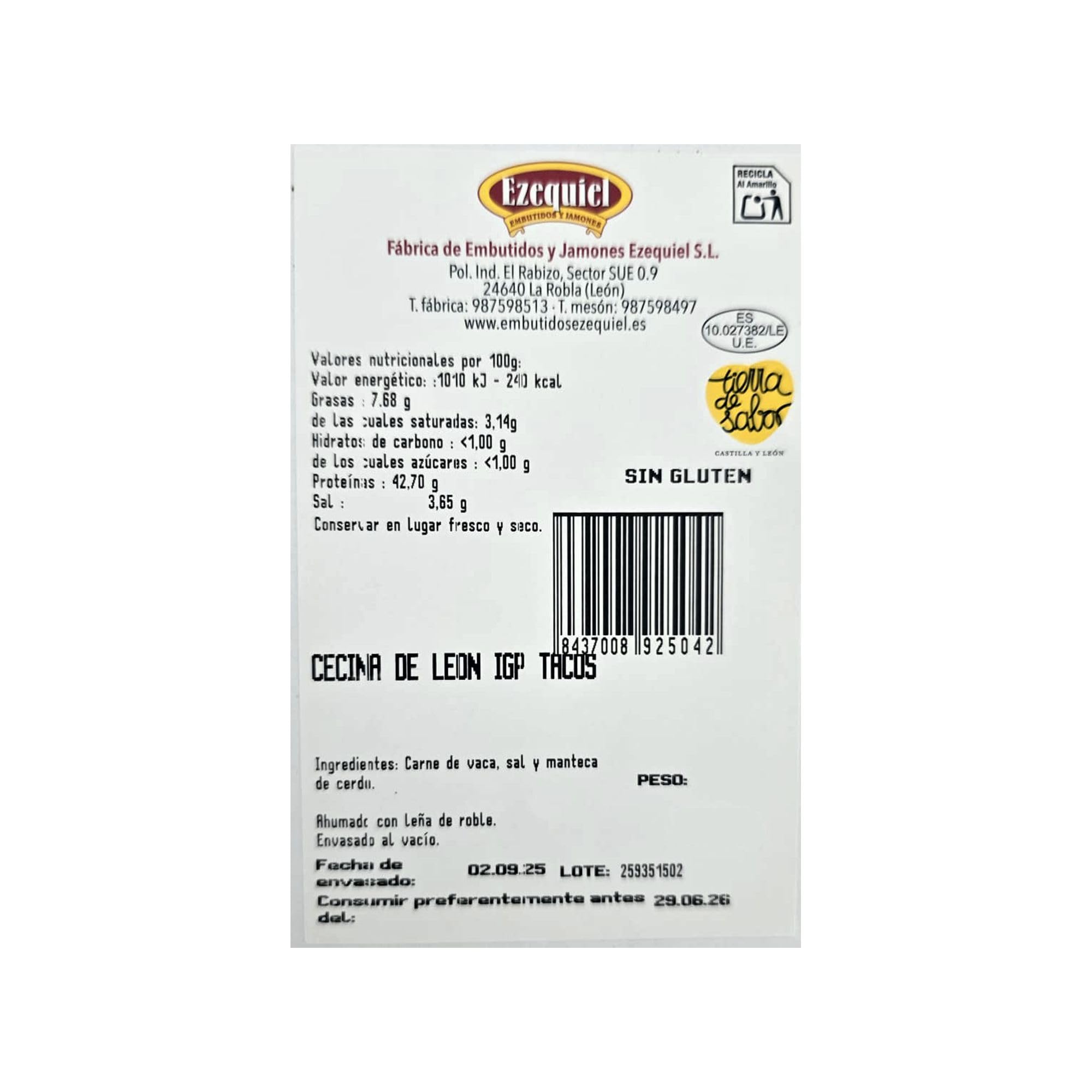 Cecina Taco I.G.P Leon, Embutidos Ezequiel, 700 g