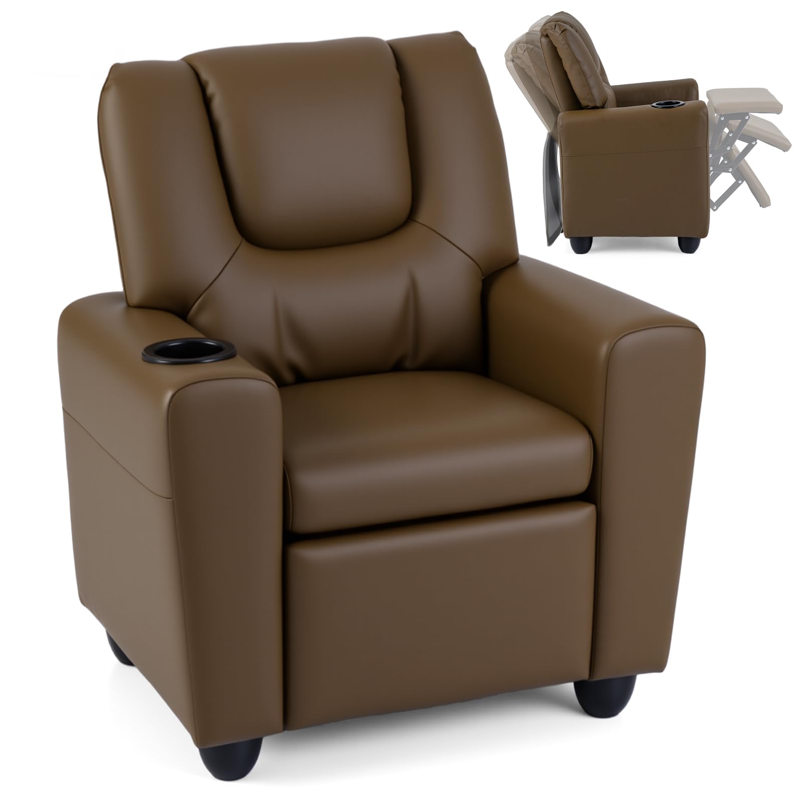 Kids Recliner, Toddler Lounge Chair w/Cup Holder, Wide Armrest, Kids Sofa w/Adjustable Footrest, Comfy Toddler Recliner Chair for for Boys &amp; Girls 3 + (PU, Brown)