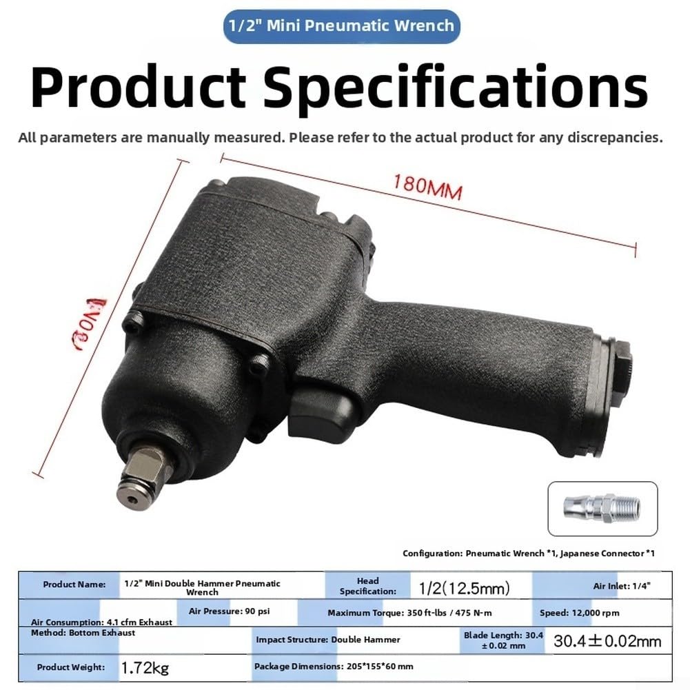 Pneumatico da 1/2 pollice per avvitatore a percussione con struttura a doppio martello per auto Rep, Strumento pneumatico coppia 475nm, corpo in alluminio leggero, 12000rpm, finitura nera per