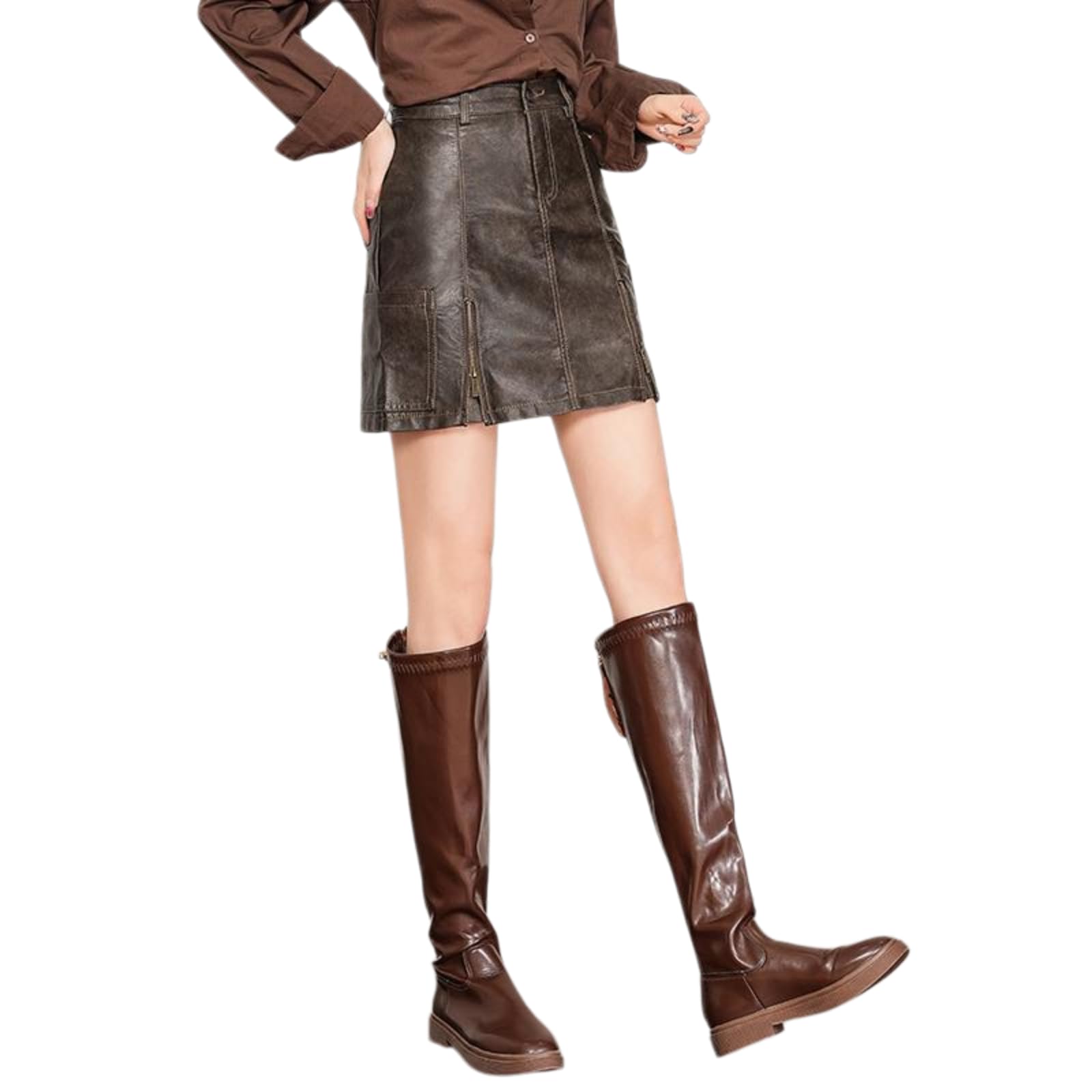 Minifalda Mujeres De Alta Cintura PU Cuero Mini Falda A-línea Slim Fit Otoño Invierno, Falso Falda-Brown-s