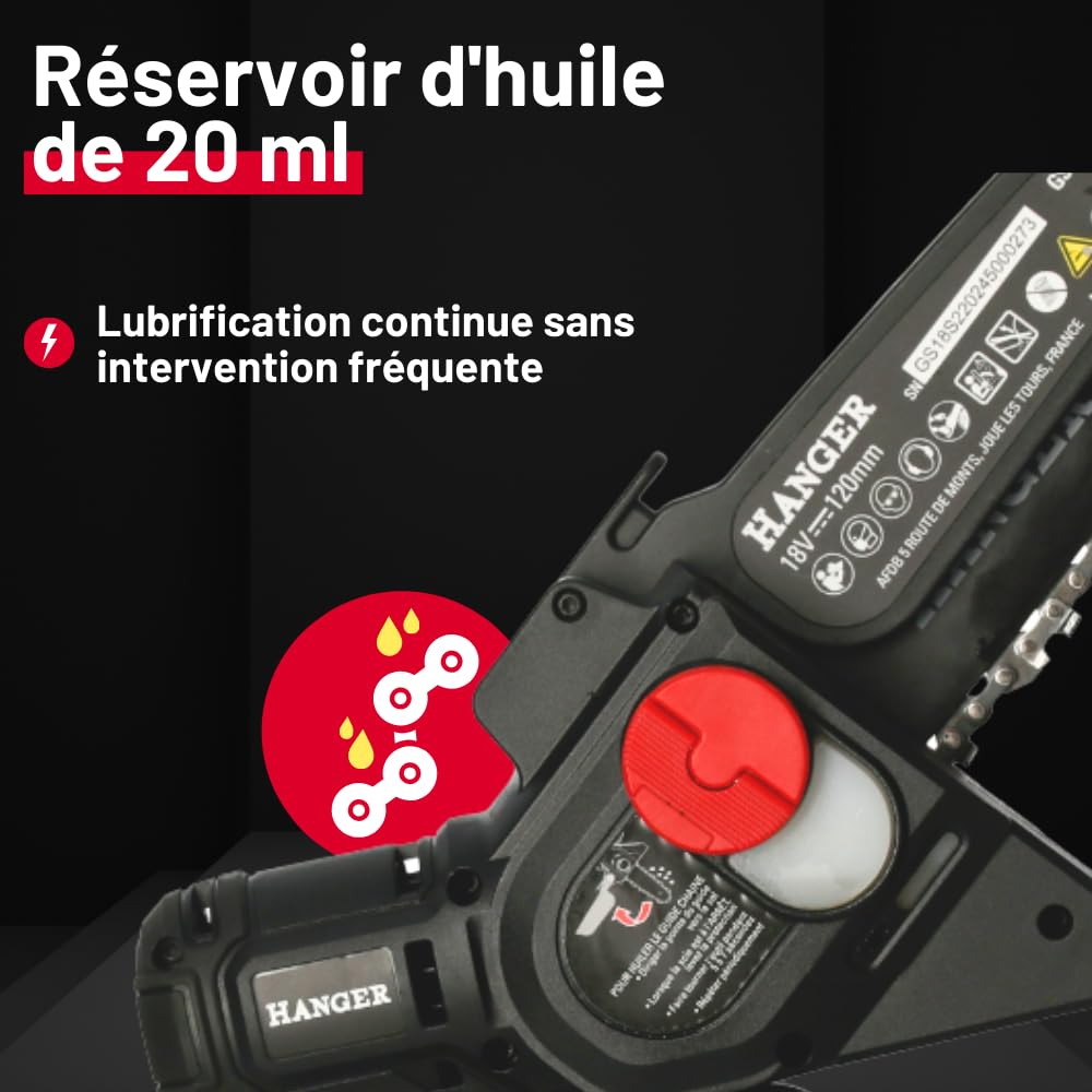 Scie d'élagage sans fil 18V avec batterie 2Ah et chargeur – Guide 12 cm – Scie élagueuse compacte, légère et puissante