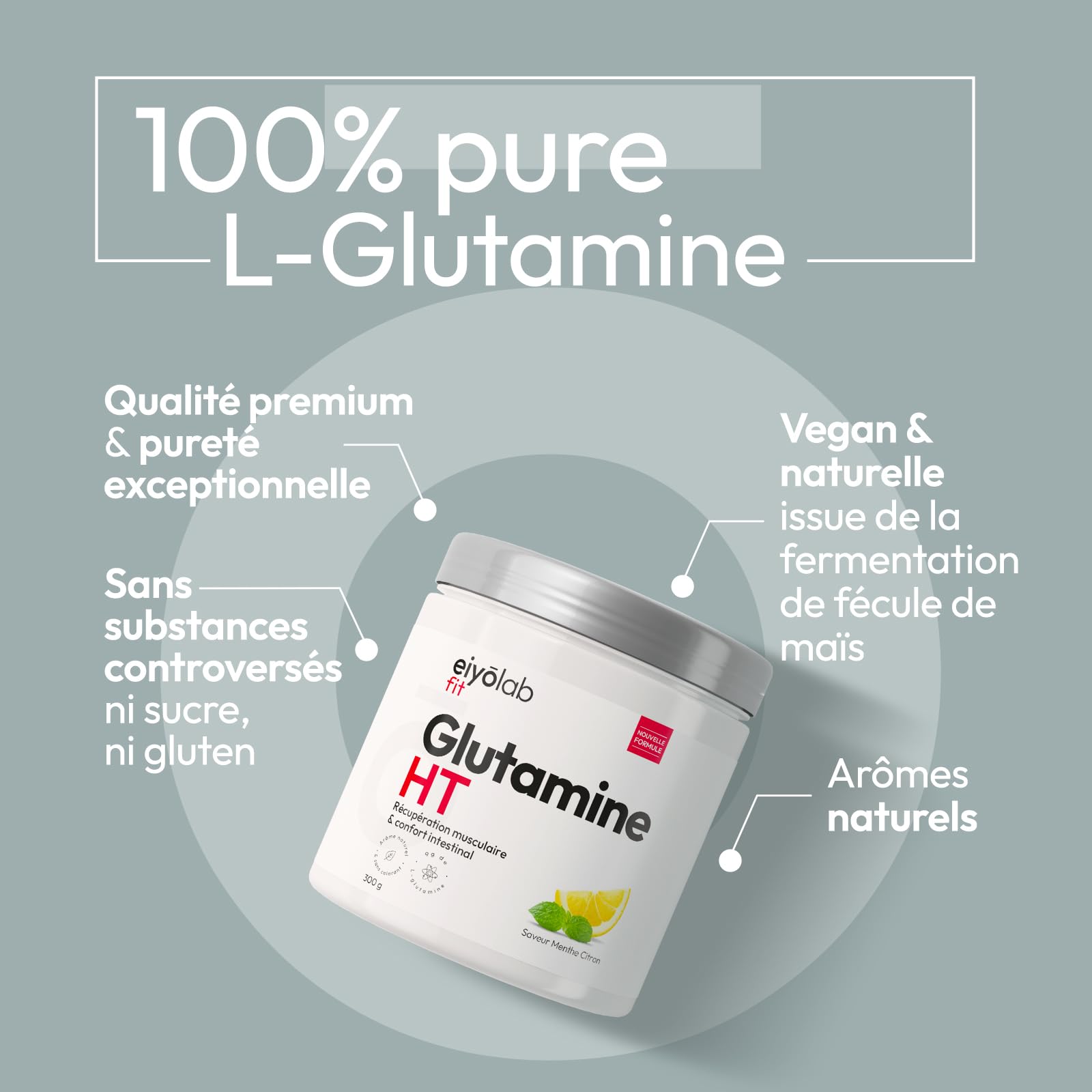 Glutamine HT | Poudre 100% Pure de L-Glutamine | 300 g | Récupération Musculaire et Santé Intestinale | 30 Portions de 10g | Acide Aminé Vegan et Sans Excipients | Goût Menthe Citron | Eiyolab