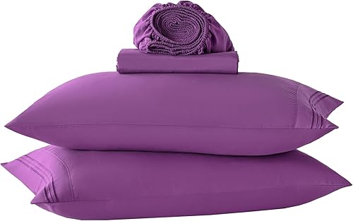 Juego de sábanas de tamaño matrimonial color morado, juego de sábanas bajeras y fundas de almohada de bolsillo profundo, 4 piezas de microfibra