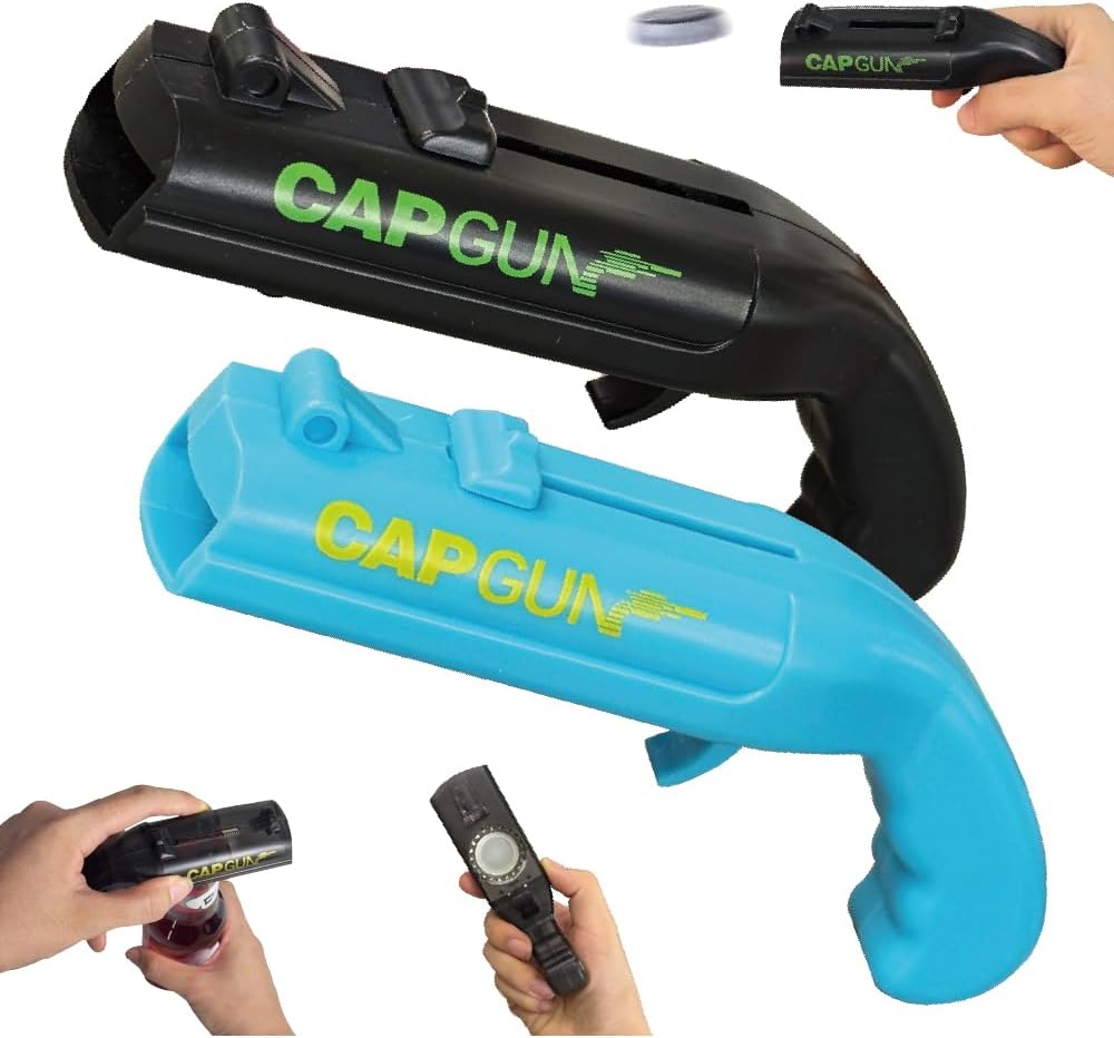 Cap Shooting Bottle Opener Gun - Launches Caps for World Cup Parties, BBQs & Adult Gatherings, Fun Gadget for Men, Unique Gag Gift for Sports Events (black blue)