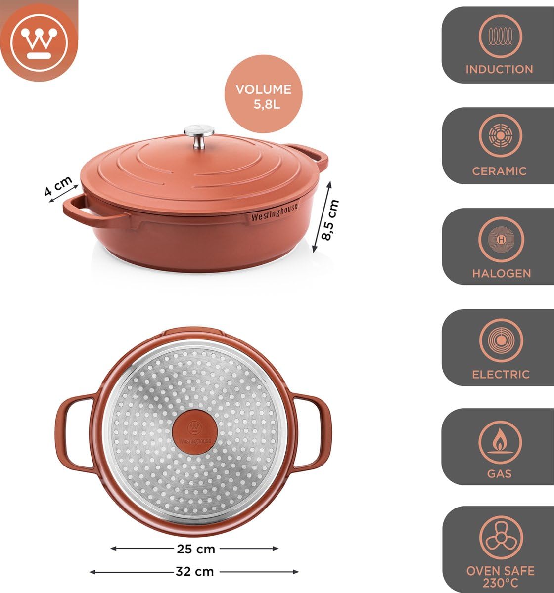 Westinghouse Performance Series 32 cm Orange Casserole Sauté Pan with Lid & Handle Holder | Non-Stick, Induction & Oven Safe, Dishwasher Friendly | Heavy-Duty Aluminum Cookware for All Hobs 2