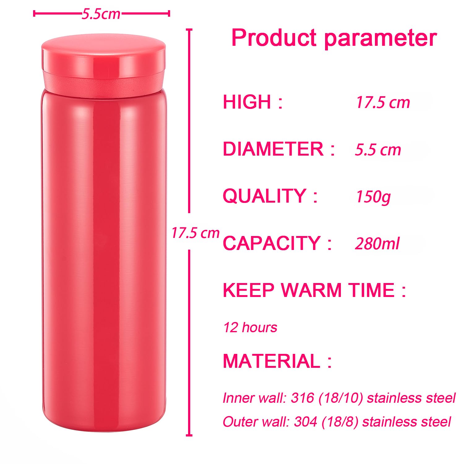 Small Flask, Cute Water Bottle, Vacuum Insulated Flask for Hot & Cold Drink, Keep 12H Hot & 6H Cold (Rose Red, 280ml) - Image 2