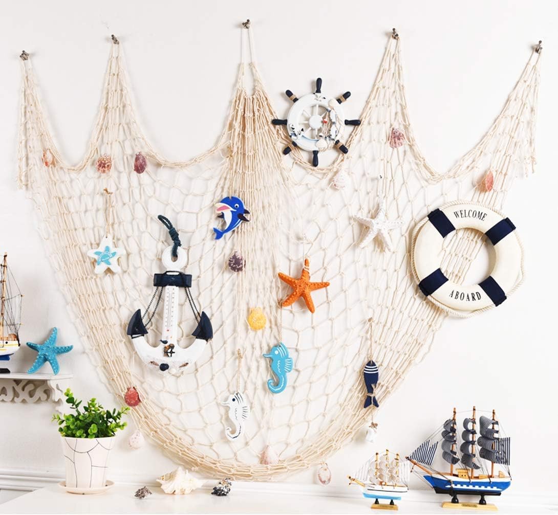Fishing Net Wall Decor with Natural Shells Beach Themed Fishing Net Wall Hanging for Party Wall Home Wedding Decoration Photographing Decoration,79 inch x 59 inch(Beige)