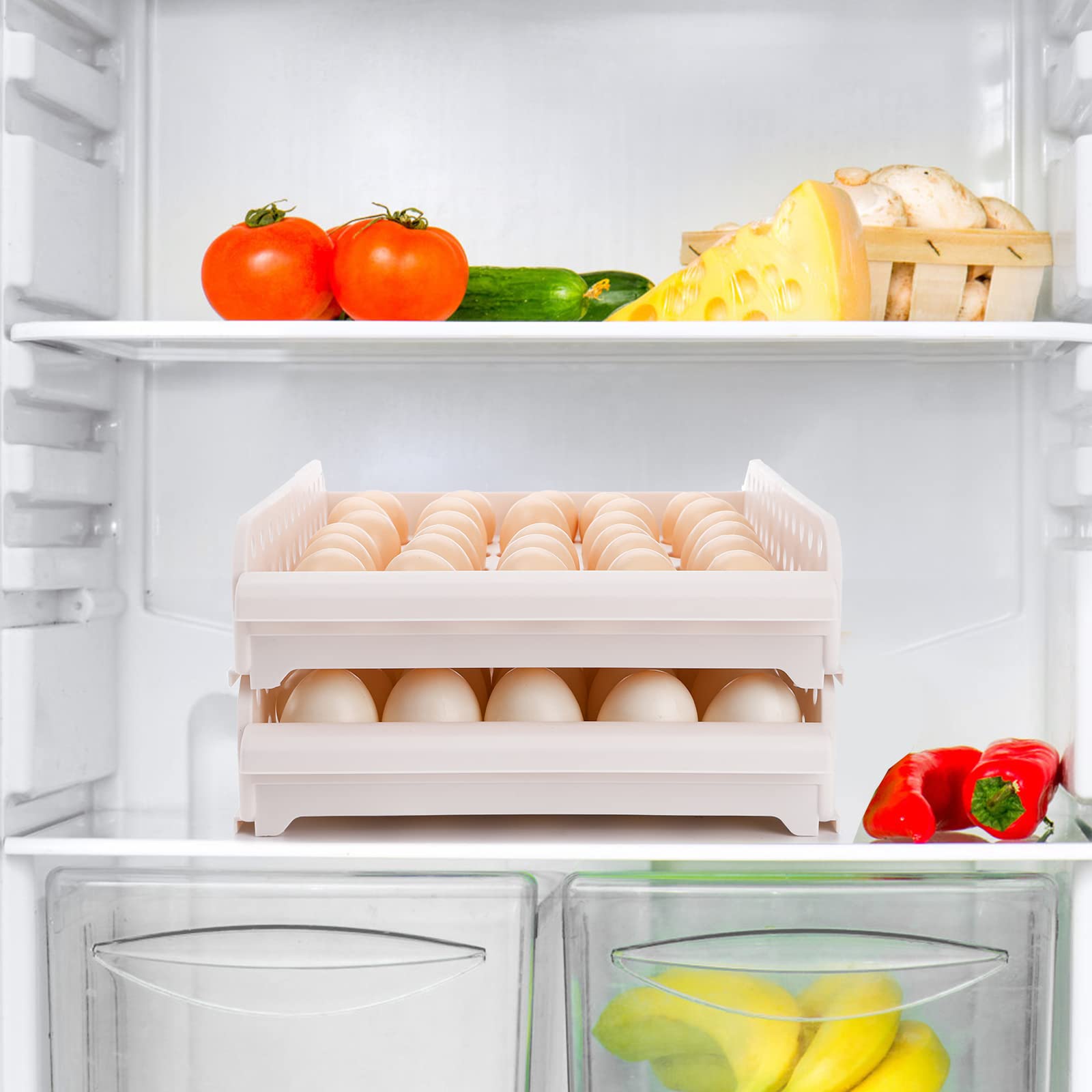 DEAYOU Soporte para huevos de 60 rejillas para refrigerador, contenedor de caja de almacenamiento de huevos de 2 capas, apilable, gris
