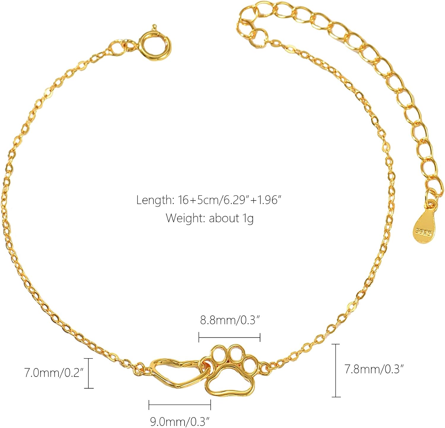 SUYACS 925 Sterling Silver Cat Dog Puppy Pet Paw Print Bracelet for Women Dainty 14k Gold Plated Love Heart Link Bracelet Hollow Animal Paw Charm Chain Jewelry Birthday Gifts to Daughter
