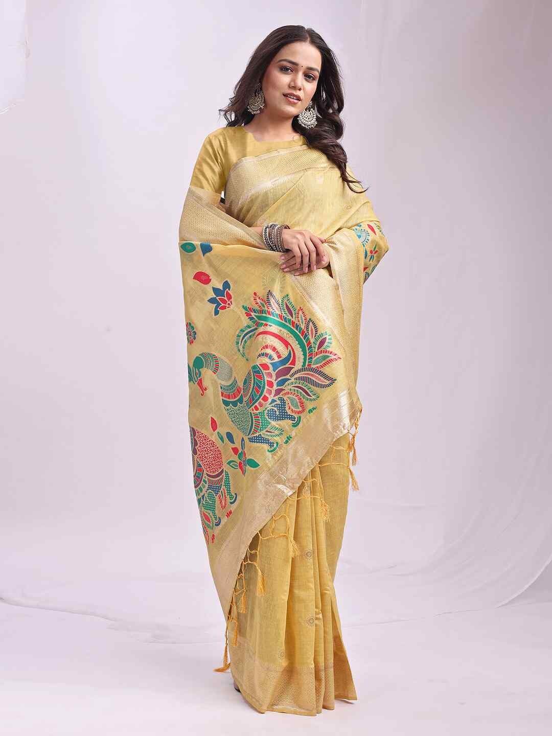 Shiv Textiles Women's Linen Cotton Peacock Pallu & Zari Border Saree(AUS-ASMRN1002-YELLOW) 2