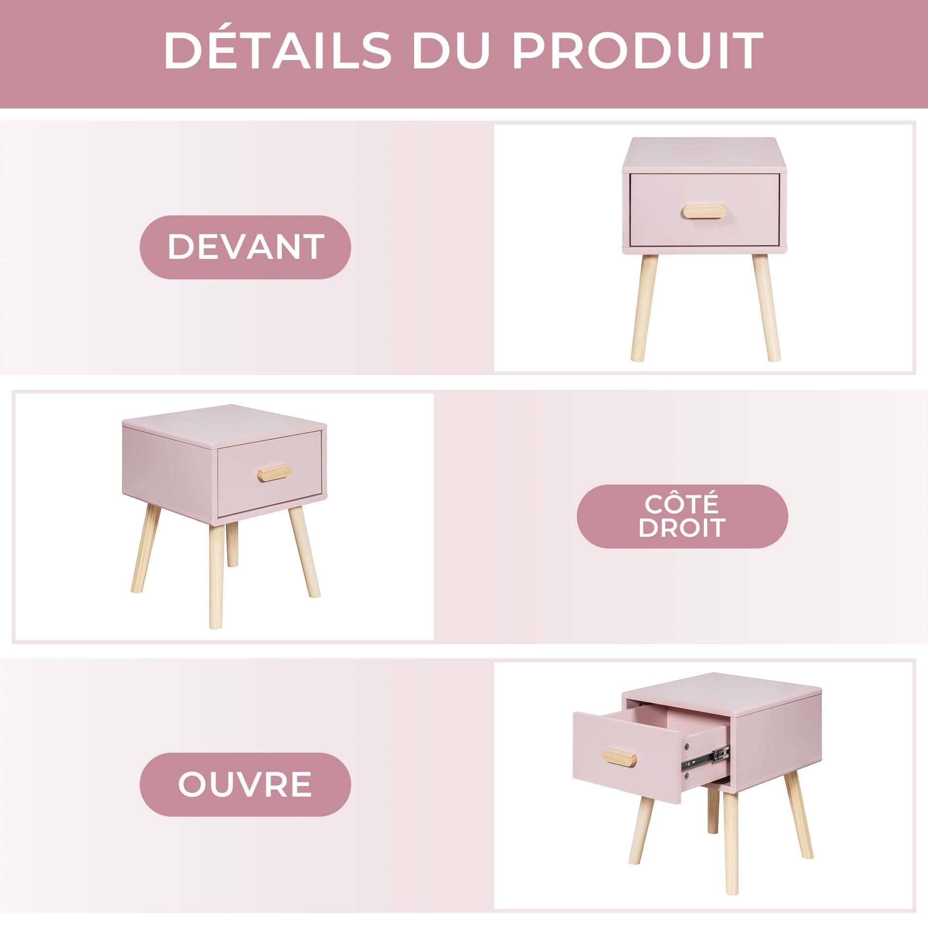 Rebecca Mobili Table de Chevet pour Enfants, Mobilier pour Chambre d'enfant, Rose Marron, Pin MDF, avec 1 Tiroir avec Guides, Gain de Place - Dimensions HxLxP: 44 x 35 x 35 cm - Art. RE6977