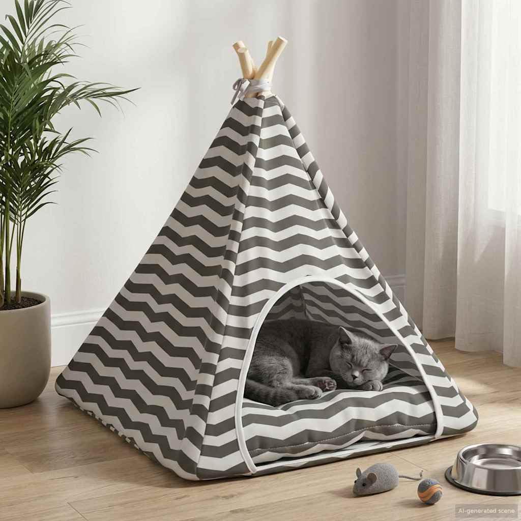 Tente tipi pour chat, blanc/gris, 60 x 60 x 70 cm, avec coussin, en polyester respirant, pour chiens et chats, motif rayé moderne, pour l'intérieur et l'extérieur