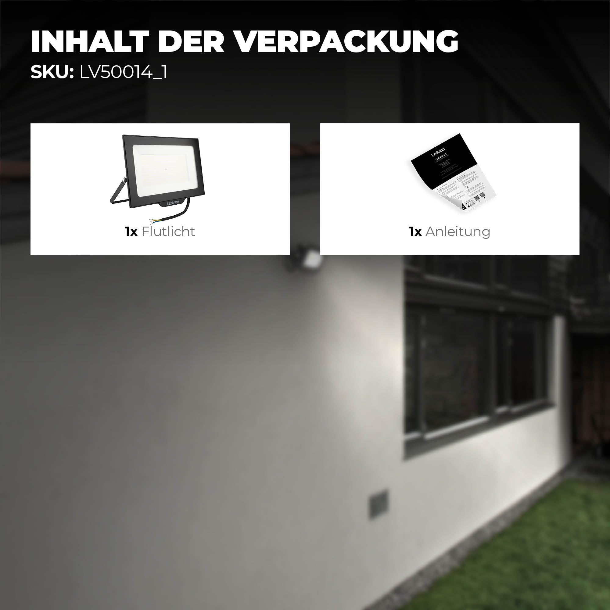 Ledvion LED Strahler, Inkl. 0,5M Kabel, 200 Watt Osram LED Strahler, 6000K Weitstrahl, 24000 Lumen Arbeitslicht, Außen Strahler IP65 wasserdicht, Weitstrahl mit Schnellkupplung