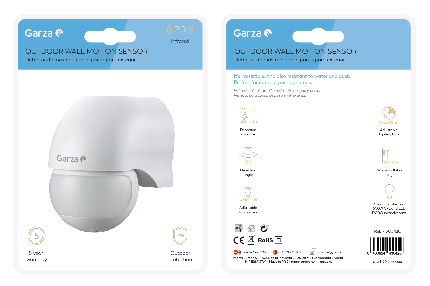 Garza - Detector de movimiento por infrarrojos para interior y exterior, protección IP44, tiempo y luminosidad regulables, ángulo detección 180º, blanco