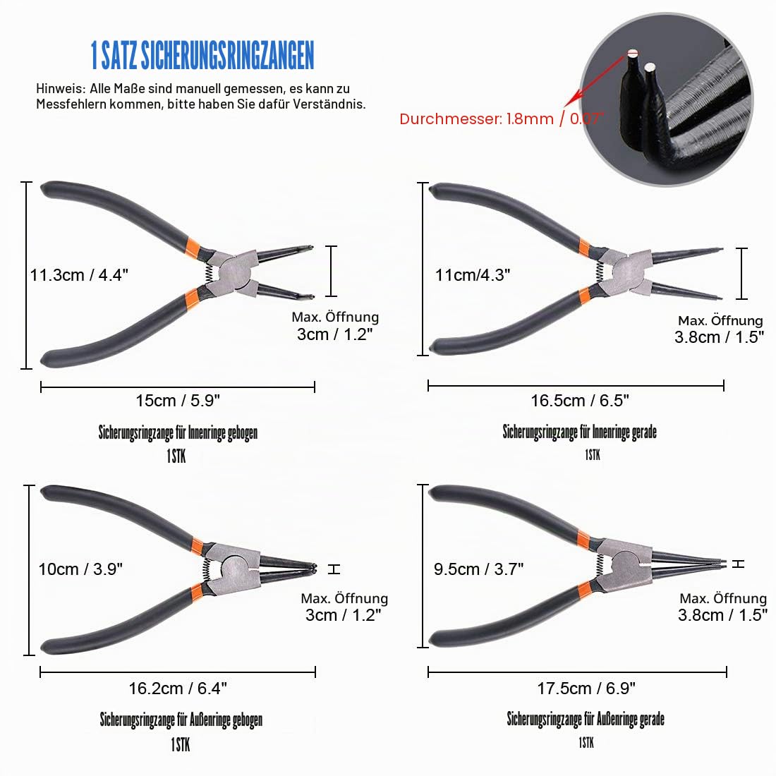 Glarks Sicherungsringzange, 17,8 cm, mit 4 Präzisionshaken, 17,8 cm, für Ringentferner, zum Halten und Entfernen von Schläuchen, Dichtungen, 4 Stück
