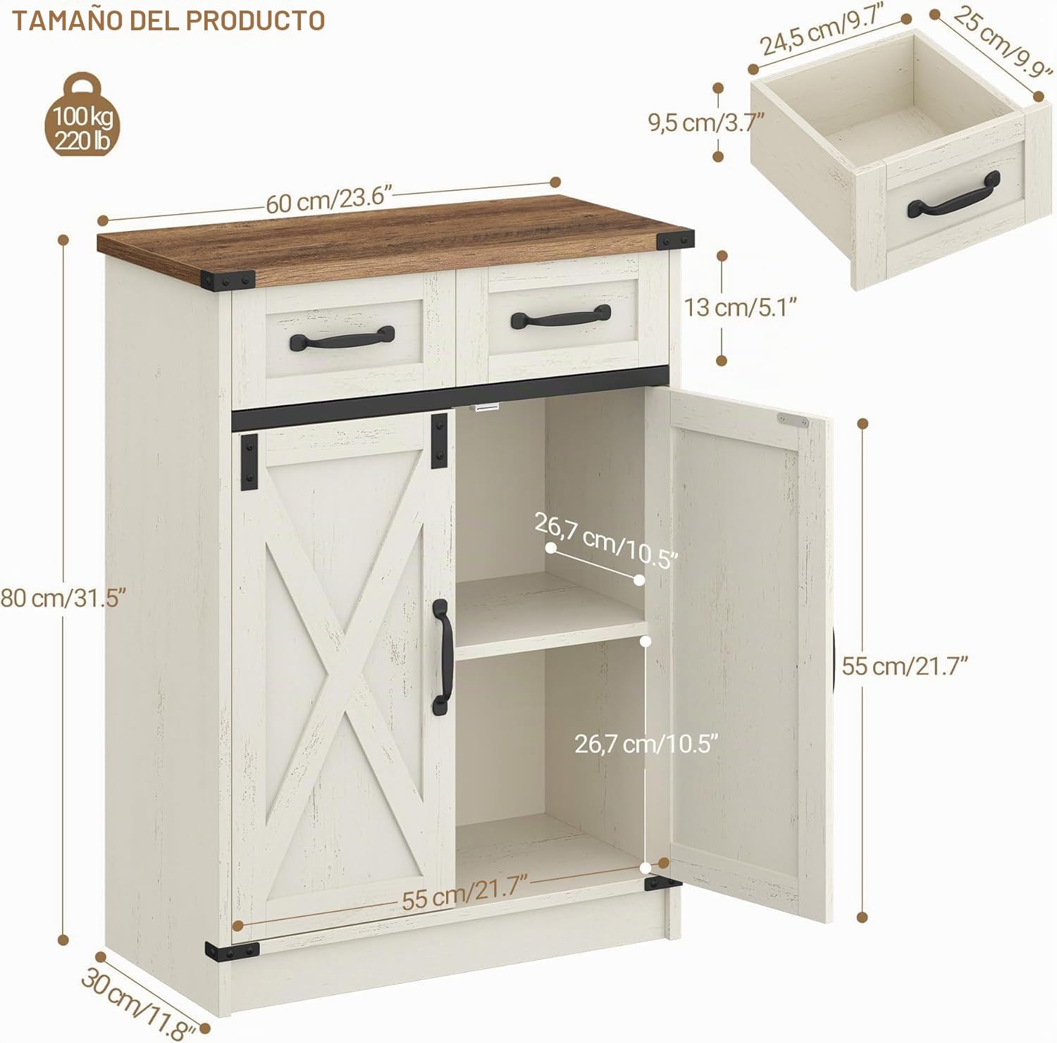 Hzuaneri Mueble Baño, Auxiliar Armario Baño con 2 Cajones, 2 Puerto, Estante Ajustable, para Sala de Estar, Cocina, Entrada, Blanco Rústico y Marrón Miel SC62414X