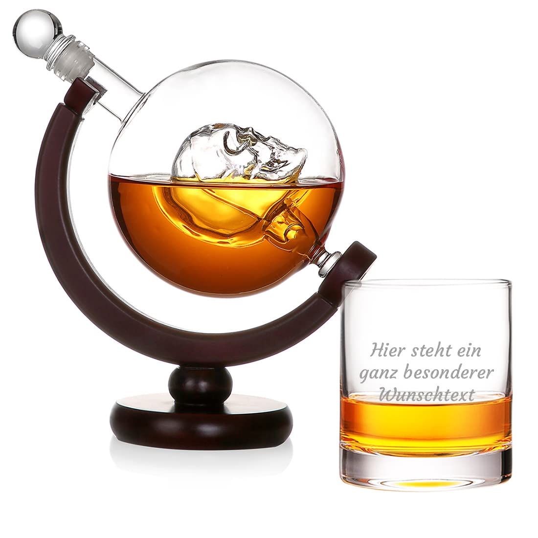 Globus Skull Carafe avec gravure 850 ml Motif blason Verre à whisky personnalisé 320 ml Fabriqué en Allemagne Avec support en bois Idée cadeau pour Noël Décoration de bar, boisson